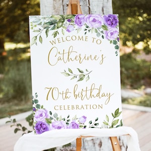 Purple Floral 70th Birthday Welcome Sign, Digital File, WP55-2