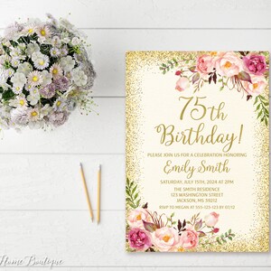 75th Birthday Invitation, Any Age Women Birthday Invitation, Floral Ivory and Gold Women Birthday Invitation, Boho Birthday Invite,W23 image 2