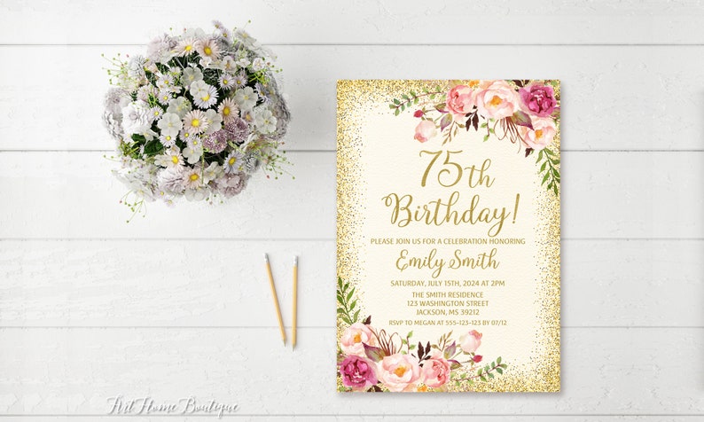 75th Birthday Invitation, Any Age Women Birthday Invitation, Floral Ivory and Gold Women Birthday Invitation, Boho Birthday Invite,W23 image 2