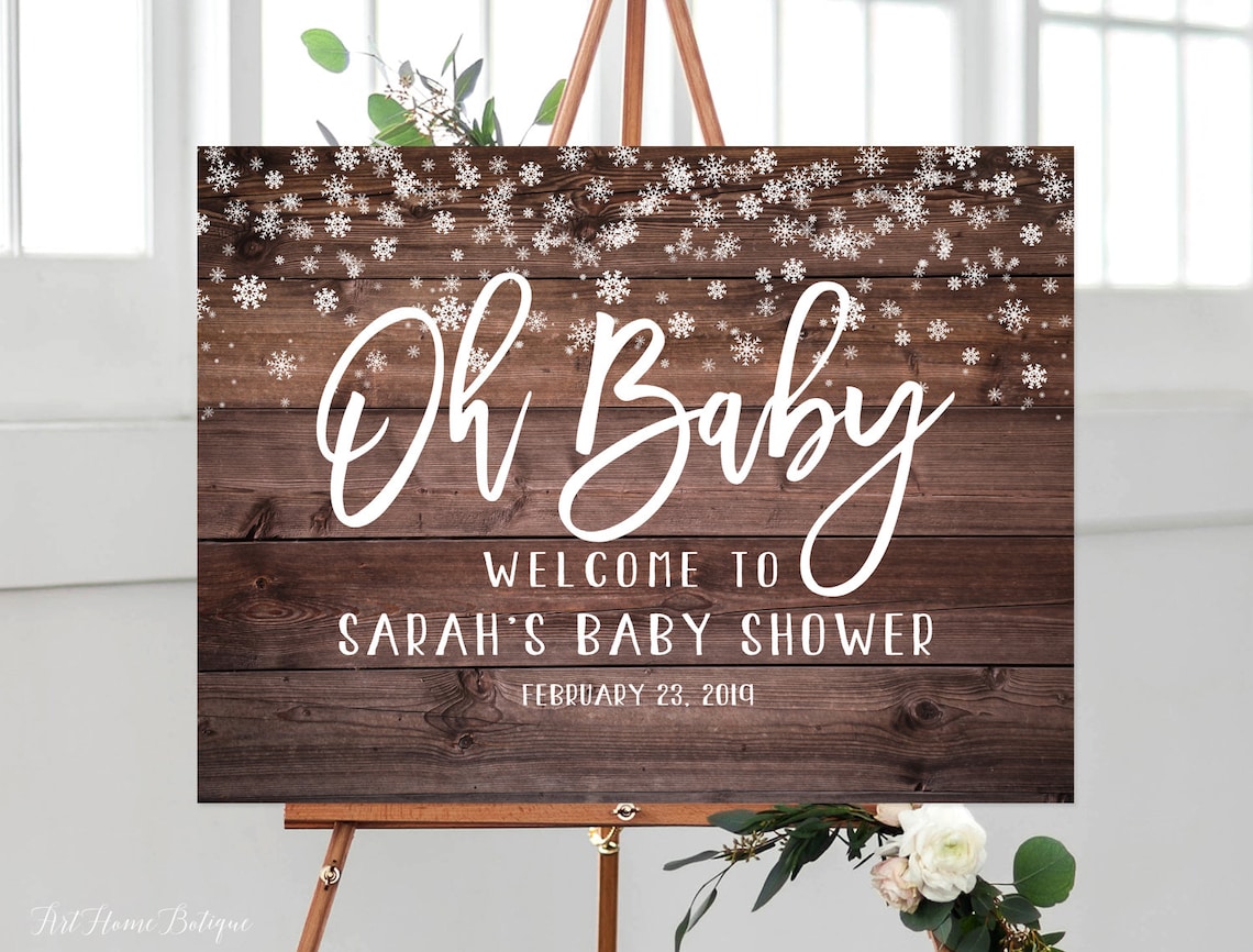 Oh Baby Rustic Winter Baby Shower Sign Snowflakes Etsy