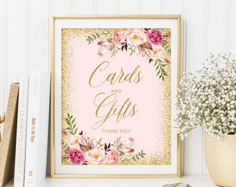 Cards and Gifts Sign, Gift Table Sign, Floral Printable Sign, Blush Pink and Gold Sign, Boho Floral Cards and Gifts Sign, W130