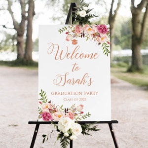 Rose Gold Graduation Party Welcome Sign, Floral Graduation Welcome Sign, Large Welcome Sign, Grad Party Sign, Digital File, W1138