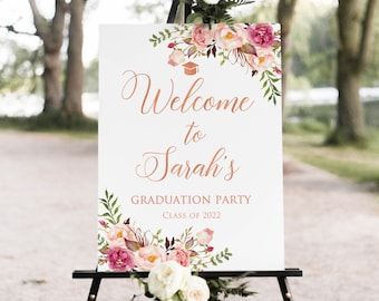 Rose Gold Graduation Party Welcome Sign, Floral Graduation Welcome Sign, Large Welcome Sign, Grad Party Sign, Digital File, W1138