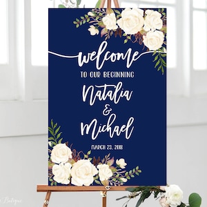 Welcome to Our Beginning Sign, Navy Welcome Wedding Sign, Welcome To Our Wedding Sign, White Roses, Printable Sign, Digital File, W342