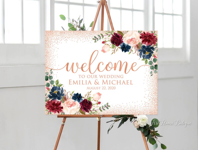 Welcome Wedding Sign Marsala W746 Horizontal Landscape Wedding Sign Burgundy Wedding Rose Gold Welcome To Our Wedding Sign