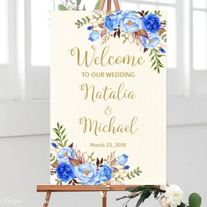 Signo de boda de bienvenida, Bienvenido a nuestro signo de boda, signo de boda de marfil azul, signo de bienvenida grande, signos de boda imprimibles, W280