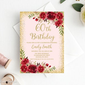 60th Birthday Invitation, Any Age Birthday Invitation, Red Birthday Invite, Boho Birthday Invite, Red and Gold Birthday, BW597