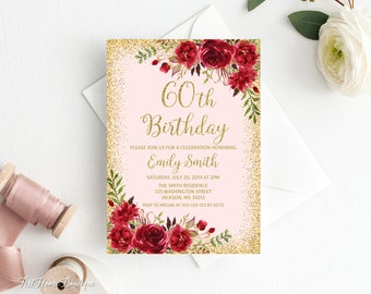 60th Birthday Invitation, Any Age Birthday Invitation, Red Birthday Invite, Boho Birthday Invite, Red and Gold Birthday, BW597