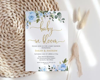 Light Blue Baby in Bloom Invitation, Floral Baby Boy Shower Invite, Digital File, W1567-1