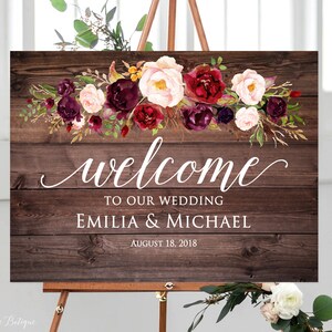 Rustikales Hochzeitsschild Marsala, Willkommen zu Hause, Hochzeitsschild, Landschaft, Hochzeitsschild, Hochzeitsschild, Weinrot, W307
