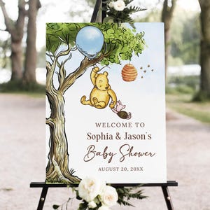 Cartello di benvenuto per baby shower classico di Winnie the Pooh, cartello per baby shower per bambini con Winnie the Pooh, file digitale, W186