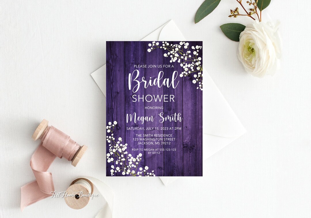 Rustic Purple Bridal Shower Invitation, Baby’s Breath Bridal Shower ...