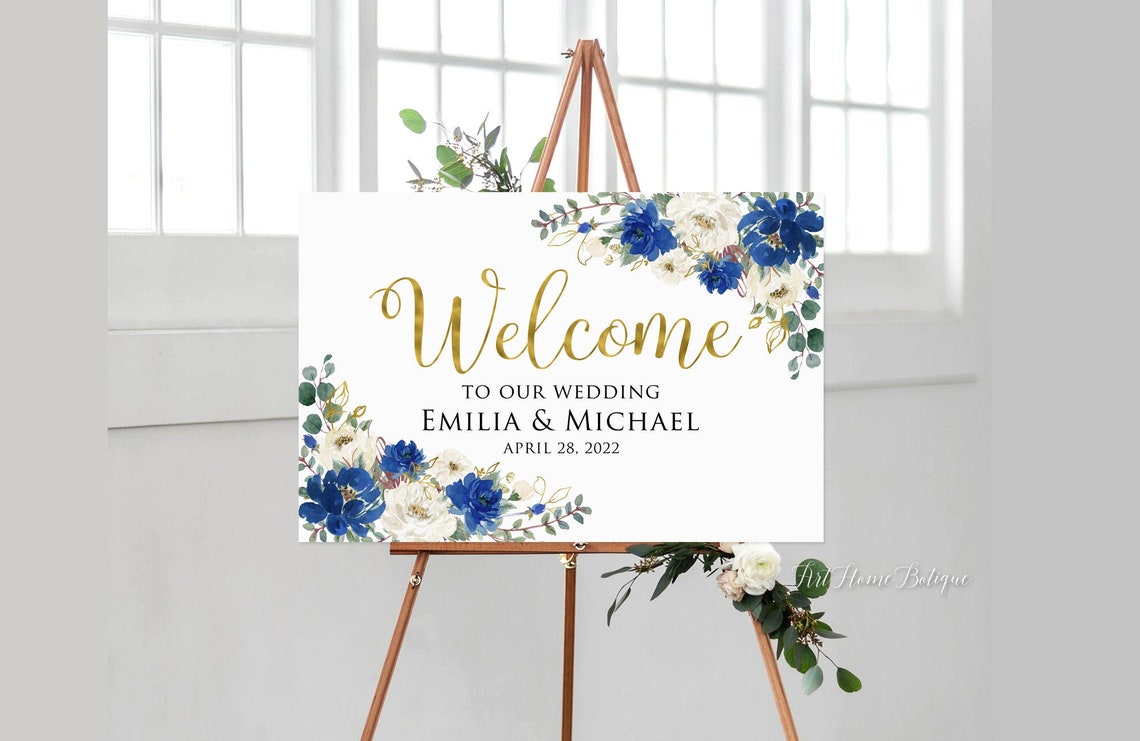 Blue Gold Wedding Welcome Sign Blue Floral Welcome Sign image 1