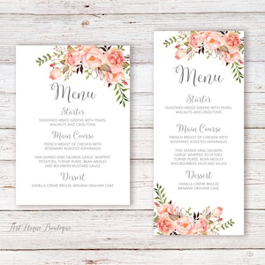 Tarjeta de menú, menú de cumpleaños imprimible, tarjetas de menú floral, tarjeta de menú de boda gris coral, W935
