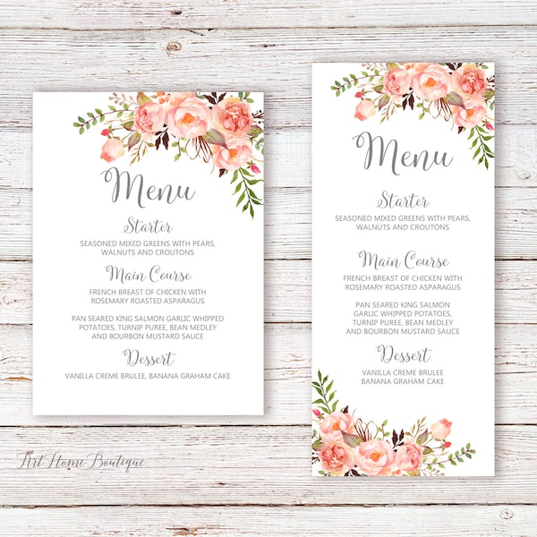 Menu Card, Birthday Menu Printable, Floral Menu Cards, Coral Gray Wedding Menu Card, W935