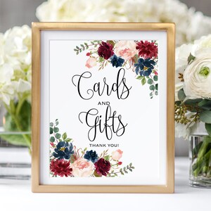 Karten und Geschenke Schild, Tisch Geschenk, Marsala Blumen Karten und Geschenke Schild, Druckbares Schild, Burgund, Blush, Marineblau, W503