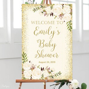 Gold Ivory Baby Shower Welcome Sign, Floral Welcome Baby Shower Sign, Garden Welcome Sign, Large Poster, Printable Welcome Sign, BS367