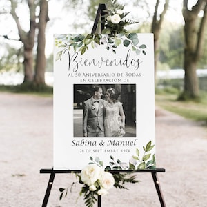 Bienvenidos al 50 Aniversario de Bodas, placa de boas-vindas com foto de aniversário, Aniversario de Oro, placa de boas-vindas em espanhol, arquivo digital, W1124-8