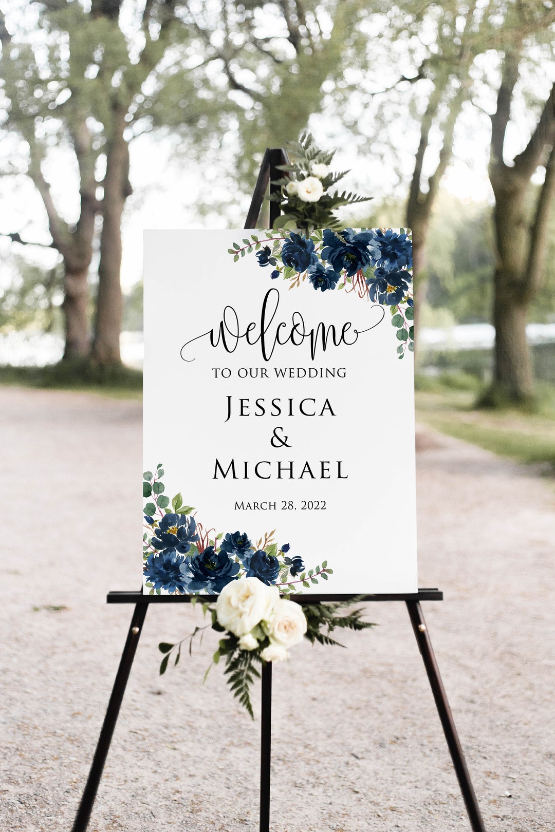 Printed or Digital Navy Floral Wedding Welcome Sign, W507-1 - Etsy