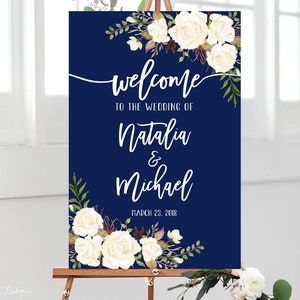 Signo de bienvenida de la boda, signo de boda de bienvenida de la marina, bienvenido a nuestro signo de boda, flores blancas, signo imprimible, archivo digital, W342