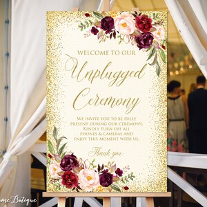 Unplugged Ceremony Sign, Ivory Unplugged Wedding Sign, Unplugged Sign, Burgundy, Marsala Sign, W271