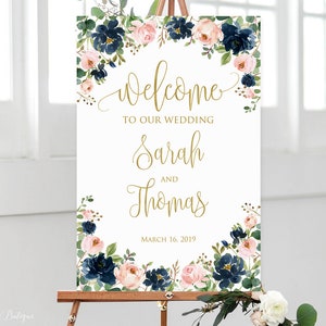 Navy Pink Gold Welcome Wedding Sign, Blue Floral Welcome To Our Wedding Sign, Blue Wedding Sign, Garden Wedding Signs, Printable Sign, W587