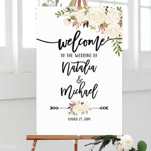 Welcome Wedding Sign, Floral Welcome Wedding Sign, Welcome To Our Wedding Sign, White Roses, Printable Sign, Digital File, W357
