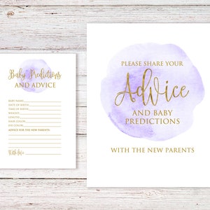 Jeu de pronostics et de conseils pour bébé, panneaux et cartes conseils pour baby shower violet et or, téléchargement immédiat, fichier numérique, W1150
