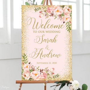 Floral Welcome Wedding Sign, Blush Pink Welcome Wedding Sign, Gold, W547