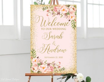 Floral Welcome Wedding Sign, Blush Pink Welcome Wedding Sign, Gold, W547