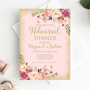 Invitación a la cena de ensayo, invitación a la fiesta de ensayo floral, imprimible, invitación a la cena de ensayo rosa rubor, W02