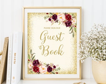 Guest Book Sign, Wedding Guest Book Sign, Please Sign Our Guest Book Sign, Ivory Gold Floral Wedding Sign, Printable Wedding Sign, W39