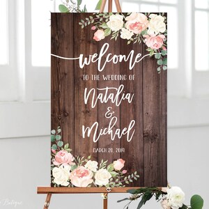 Wedding Welcome Sign, Rustic Welcome Wedding Sign, Welcome To Our Wedding Sign, Printable Sign, Digital File, Blush and White Flowers, W475