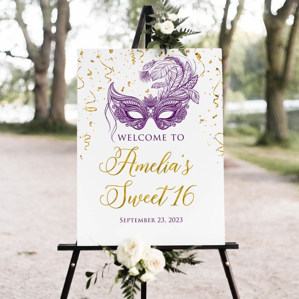 Masquerade Party Welcome Sign, Sweet 16 Welcome Sign, Deep Purple Masquerade Birthday Welcome, Masquerade Ball, Mardi Gras Party, W1485
