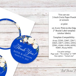 Royal Blue Favor Tags, Thank You Tags, Royal Blue Wedding Thank You Tags, Birthday Favor Tags, 2 inch Round Labels, Digital File, W1017