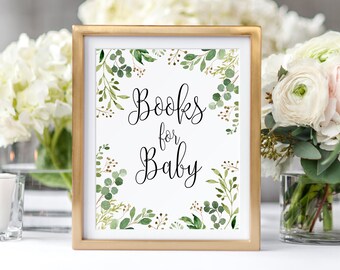 Książki dla dziecka Znak, Przynieś książkę zamiast karty, Przynieś książkę na baby shower Greenery, Znak prośby o książkę w ogrodzie, NATYCHMIASTOWE POBIERANIE, BS34