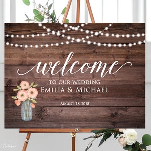 Rustic Welcome Wedding Sign, Welcome To Our Wedding Sign, Horizontal Landscape Wedding Sign, String Lights, Mason Jar, Blush Pink, W334