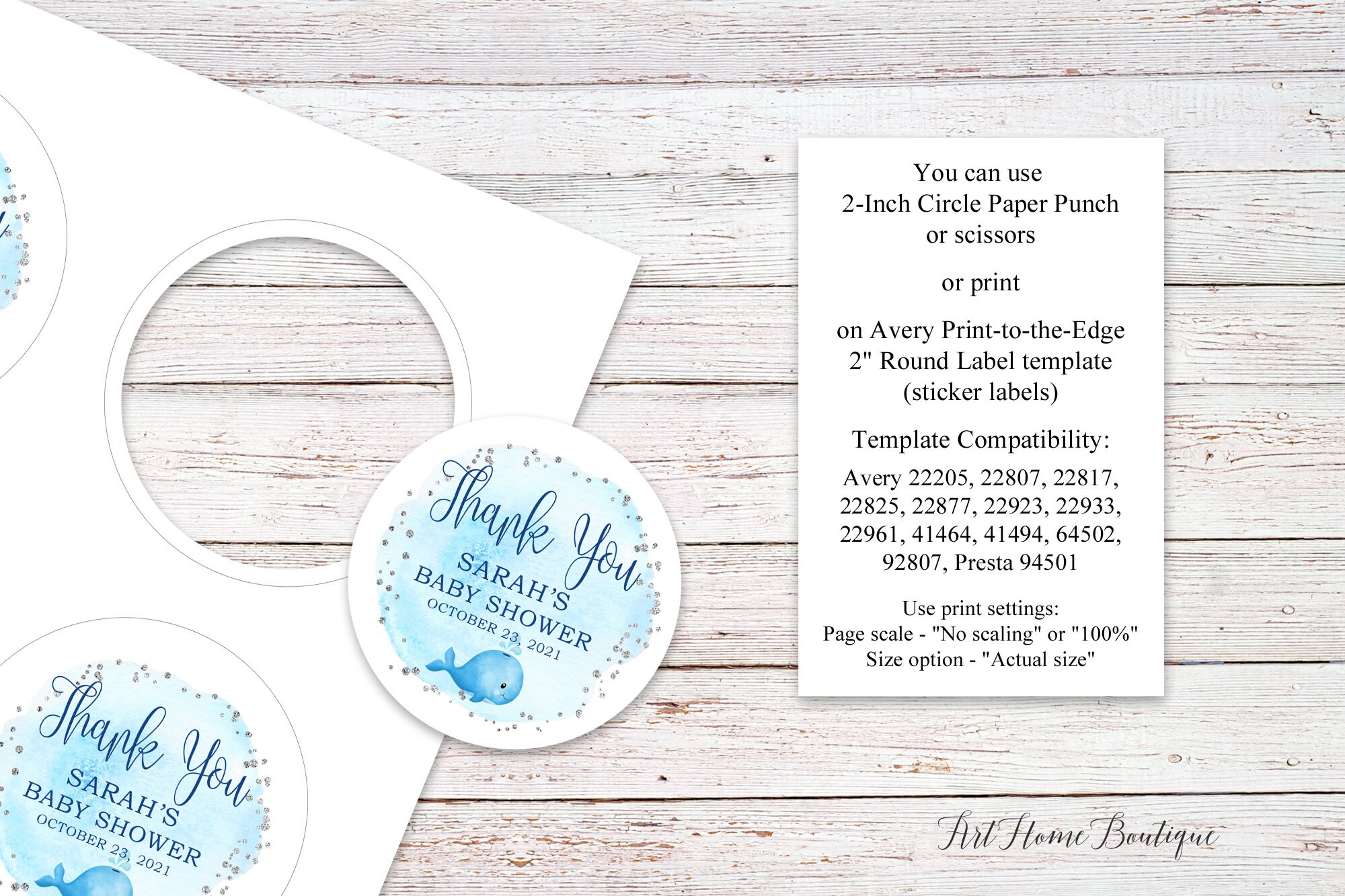 Whale Baby Shower Favor Tags, Nautical Baby Shower Thank You Tags, 2 inch Round Labels, Blue Baby Shower Labels, Personalized File, BS075