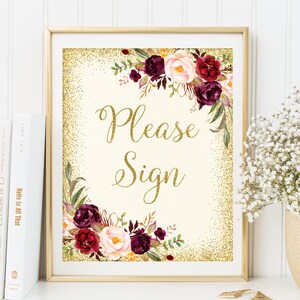 Please Sign, Ivory Wedding Please Sign Printable, Alternate Guest Book Sign, Floral Wedding Sign, Printable Wedding Sign, Burgundy, W39