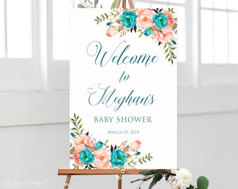 Teal Baby Shower Welcome Sign, Large Welcome Sign,  Teal and Coral Baby Shower Welcome Sign, BS231
