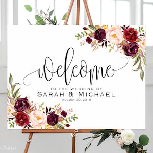 Welcome Wedding Sign, Floral Welcome Wedding Sign, Burgundy Wedding Welcome Sign, Landscape, Marsala Wedding Sign, Digital file, W506
