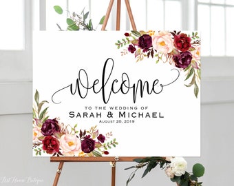 Welcome Wedding Sign, Floral Welcome Wedding Sign, Burgundy Wedding Welcome Sign, Landscape, Marsala Wedding Sign, Digital file, W506