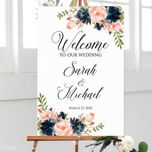 Signo de boda de bienvenida de coral y azul marino, signo de bienvenida de boda, bienvenido a nuestro signo de boda, signo de bienvenida de coral imprimible, W418