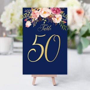 Navy Wedding Table Numbers, Birthday Table Numbers, Blush Pink, Gold, Printable Table Numbers, W264
