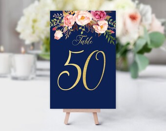 Navy Wedding Table Numbers, Birthday Table Numbers, Blush Pink, Gold, Printable Table Numbers, W264
