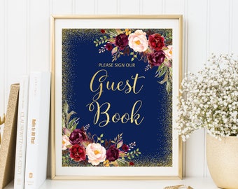 Guest Book Sign, Wedding Guest Book Sign, Please Sign Our Guest Book Sign, Navy Gold Floral Wedding Sign, Printable Wedding Sign, W122