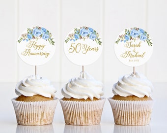 Blue Anniversary Cupcake Toppers, 2 inch Toppers, Blue Gold Cupcake Toppers, Digital File, W1187