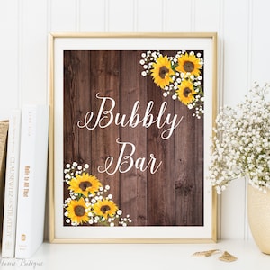 Rustiek bord met champagnebar, bord met trouwbalk, Baby&#39;s Breath, gipskruid, bord zonnebloemen champagne, W827