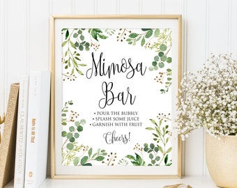 Pode incluir: Um sinal imprimível com fundo branco e borda de folhagem verde. O sinal diz "Mimosa Bar" e inclui instruções para fazer mimosas: "Despeje o espumante, adicione um pouco de suco, decore com frutas. Saúde!"