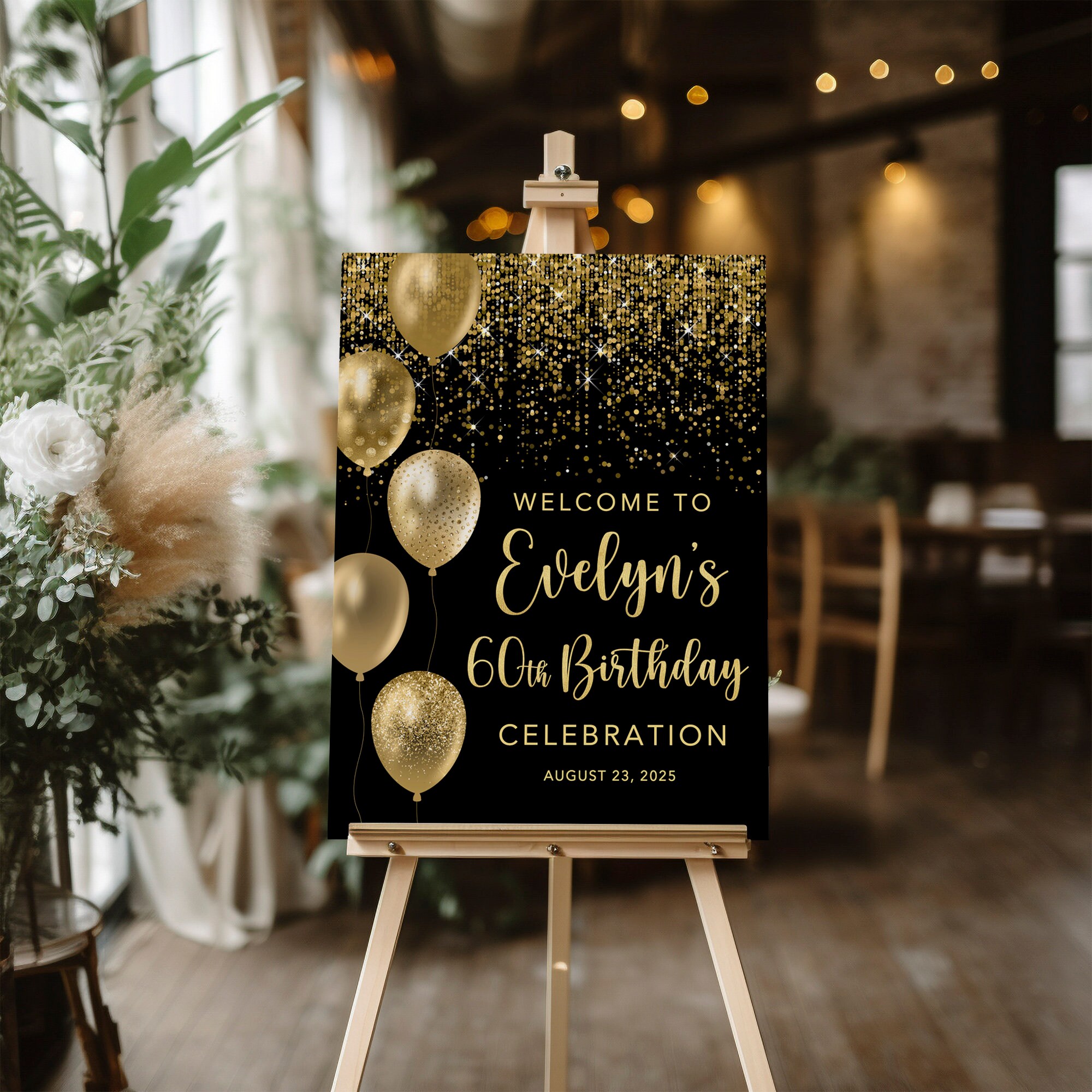 60th Birthday Welcome Sign, Black and Gold Birthday Welcome Sign ...